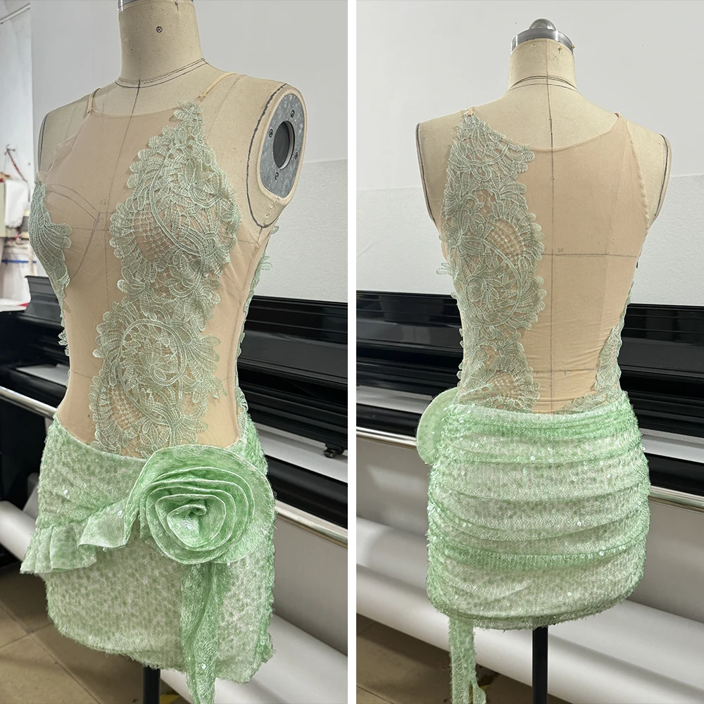 Fashion Spaghetti Straps Lace Sheer Mesh Mini Dress Floral Ruffles Sequin Cocktail Evening Party Short Gown Sexy Outfits Women