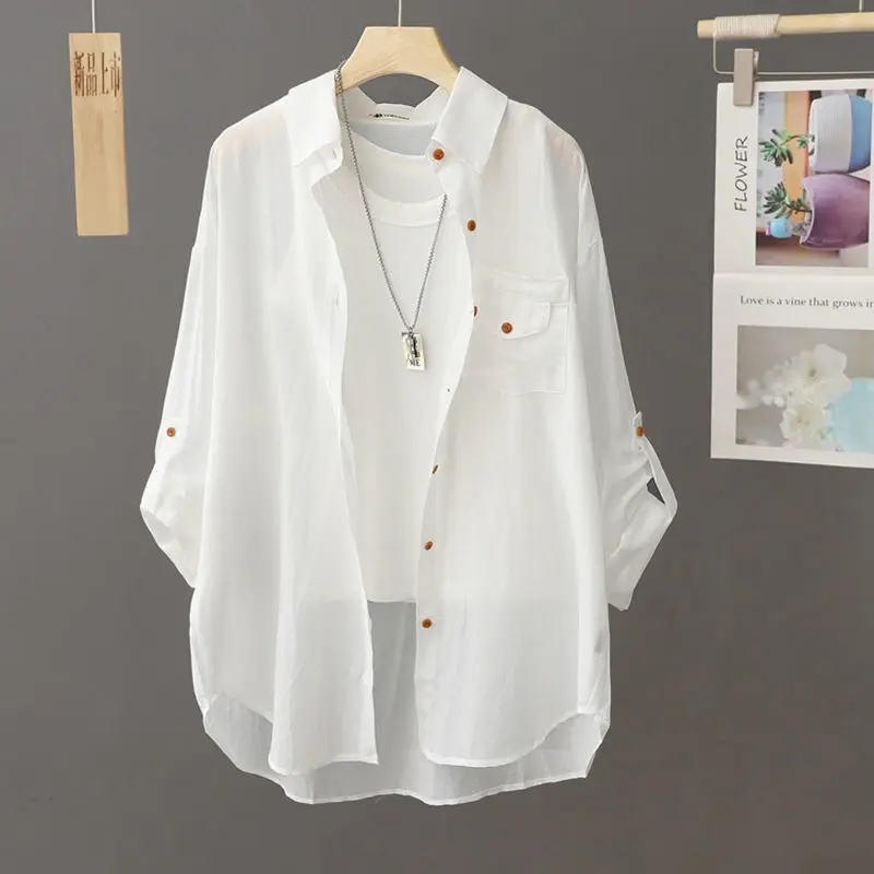 

Summer Casual Loose Thin Long Sleeve Solid Color Shirt