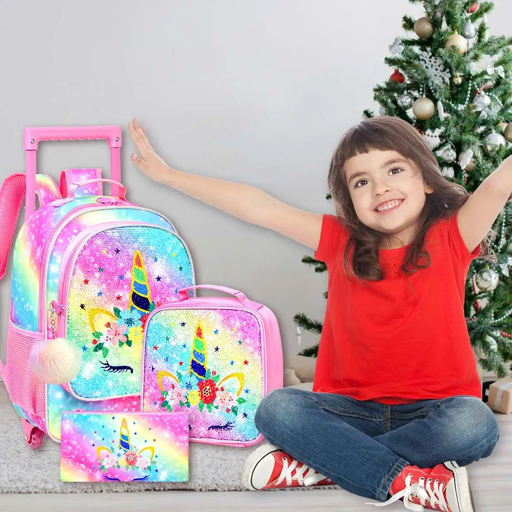 Rolling Backpack for Girls and Boys Kids Unicorn Dinosaur Bookbag with Roller Wheels Suitcase School Bag Set