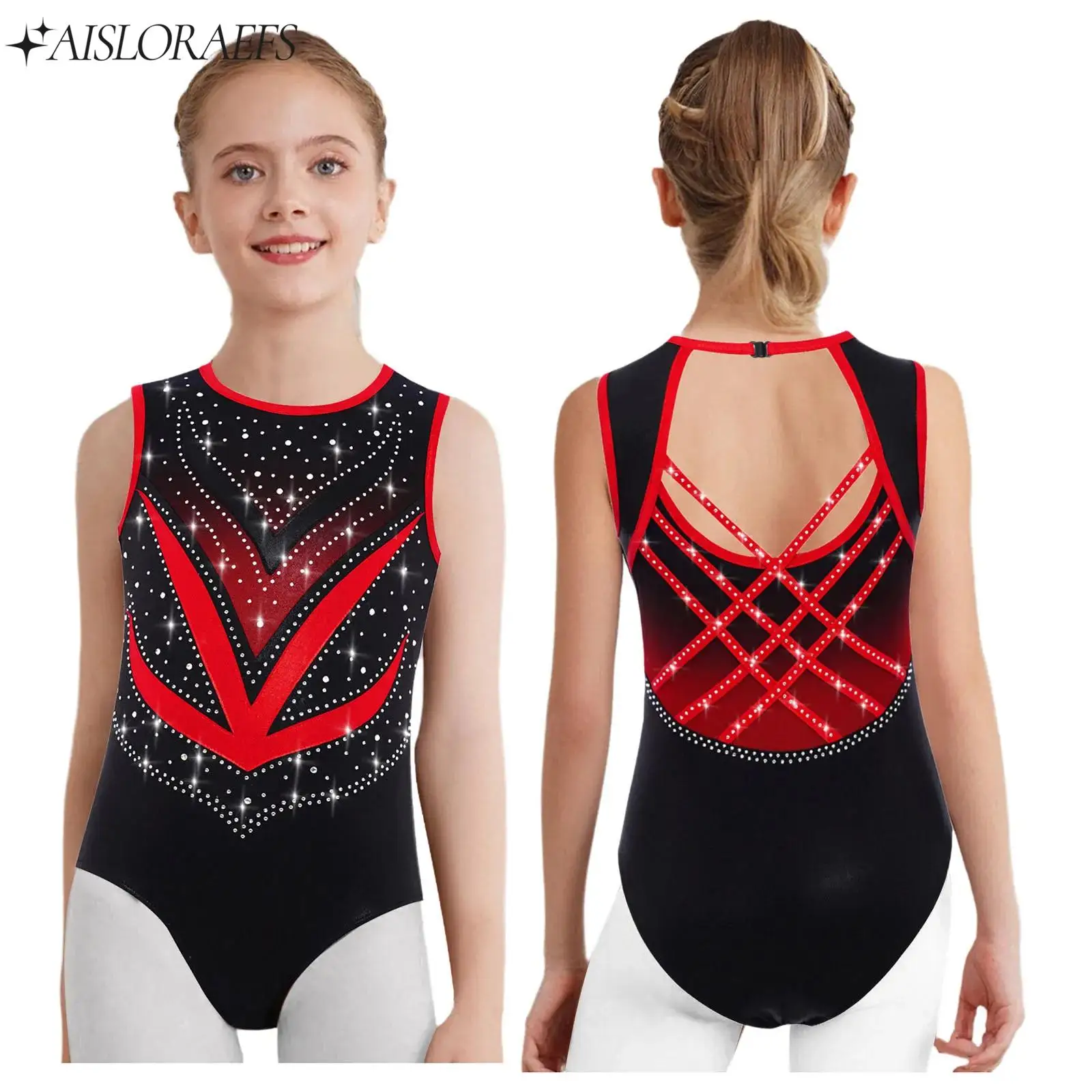 

Kids Girls Shiny Rhinestones Gymnastics Leotard Sleeveless Crisscross Cutout Back Mesh Contrast Color Bodysuit Ballerina Costume