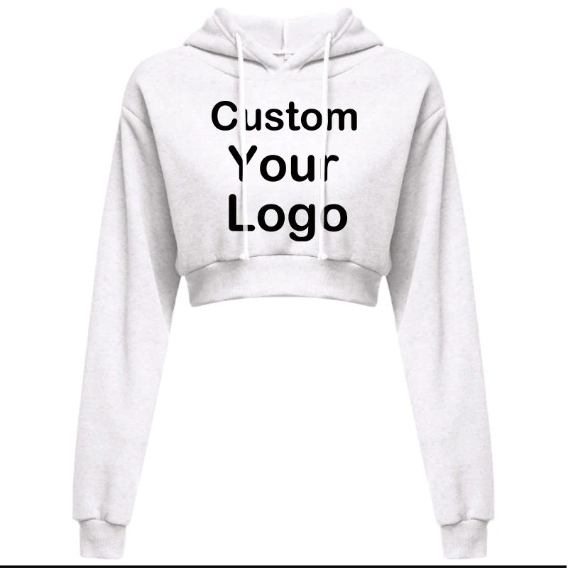 Customized Logo Print Crop Hoodie Women Spring Autumn Pullovers Ladies Solid Color Drawstring Hooded Full Sleeve Sweatshirt