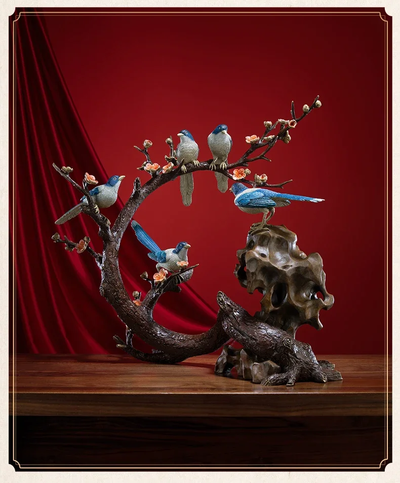 Chinese Copper Crafts Mascot Ornaments Magpie and Plum Blossom Figurines for Home Office Desktop Decor Good Luck Meaning