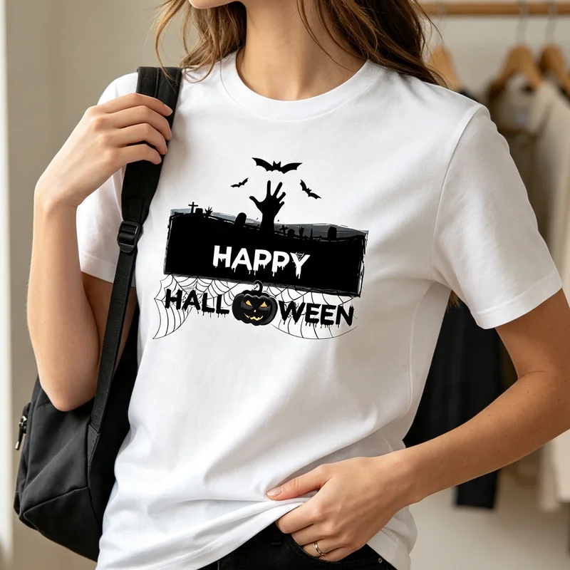 Happy Halloween T-Shirt Bat Haunted House Spooky Season Tee Casual Fall Streetwear for Men Women Halloween Party Costume Top