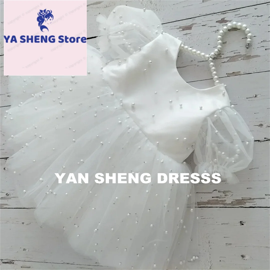 女の子のための白いチュールの花のドレス,結婚式,誕生日パーティー,聖体拝領,カスタマイズされた女の子のドレスのためのパフスリーブと弓