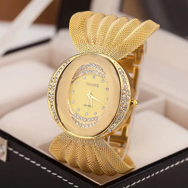 

Watch Oval Broadband Gold and Silver Color Mesh Strap Watch Women's Fashion Watch Temperament and Fully-Jewelled Light Luxury