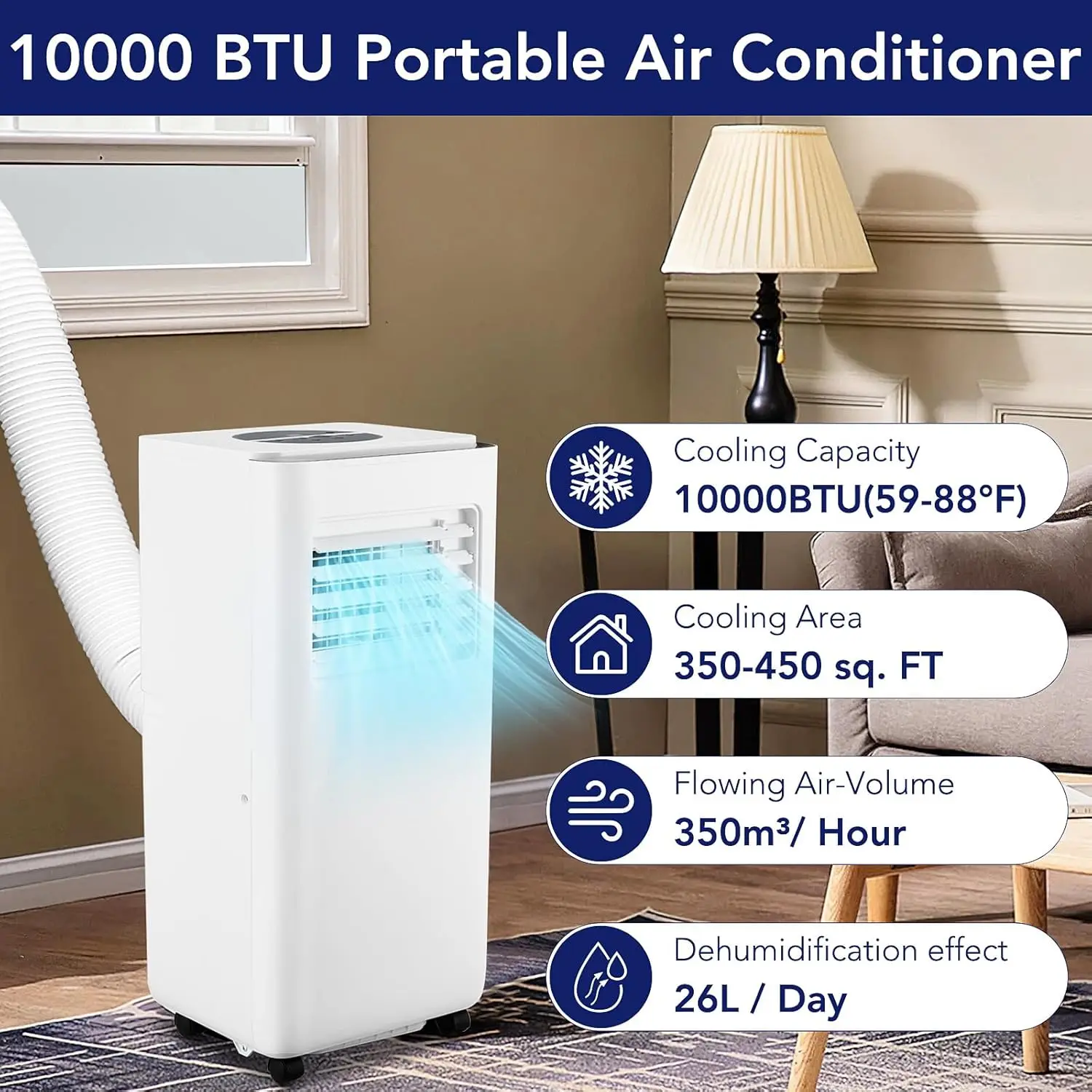 Ar Condicionado Portátil, Refrigeração Potente Até 450 pés quadrados, Unidade de CA 3 em 1, Economia de Energia Eficiente, Ultra Silencioso, Remoto, 10.000 BTU