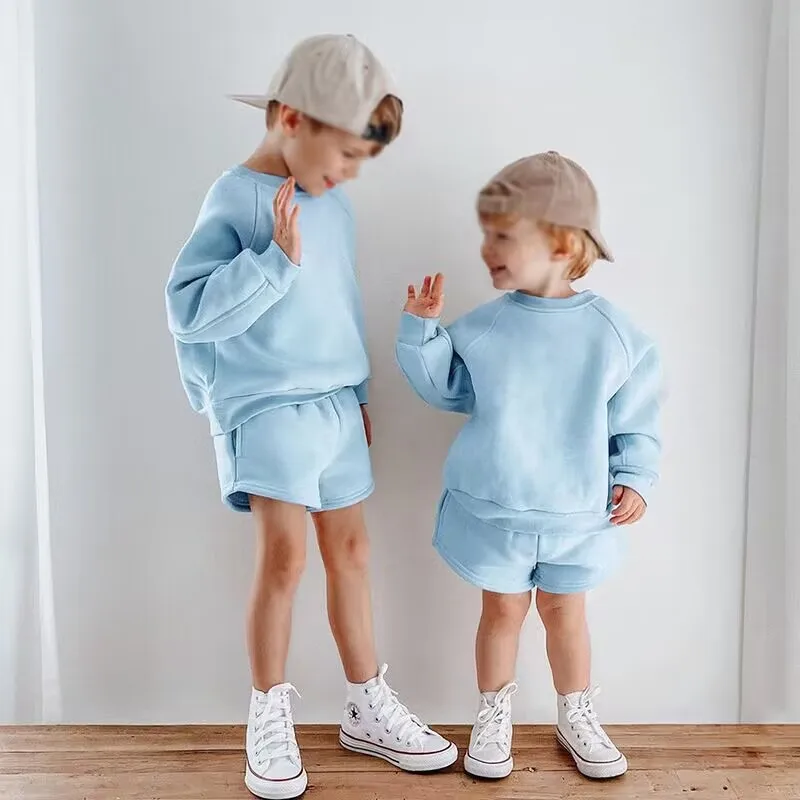 New Children's Set Boys and Girls' Round Neck Long Sleeve Loose Sweater Shorts Two Piece Set