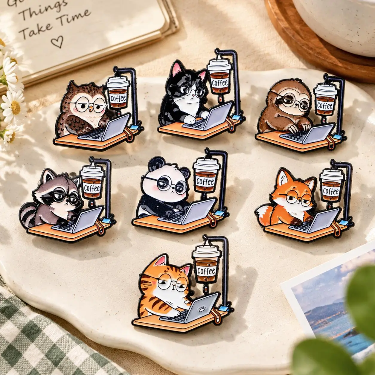 7pcs Cute Office Animals Enamel Pin Set Working Cat Panda Sloth Brooch Lapel Badge Backpack Clothes Decor Holiday Gifts