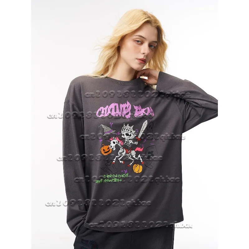 

Skeleton Knight 3D Printed Quick Drying Long Sleeve T-shirt American Versatile Loose Creative Halloween Illustration Top Unisex