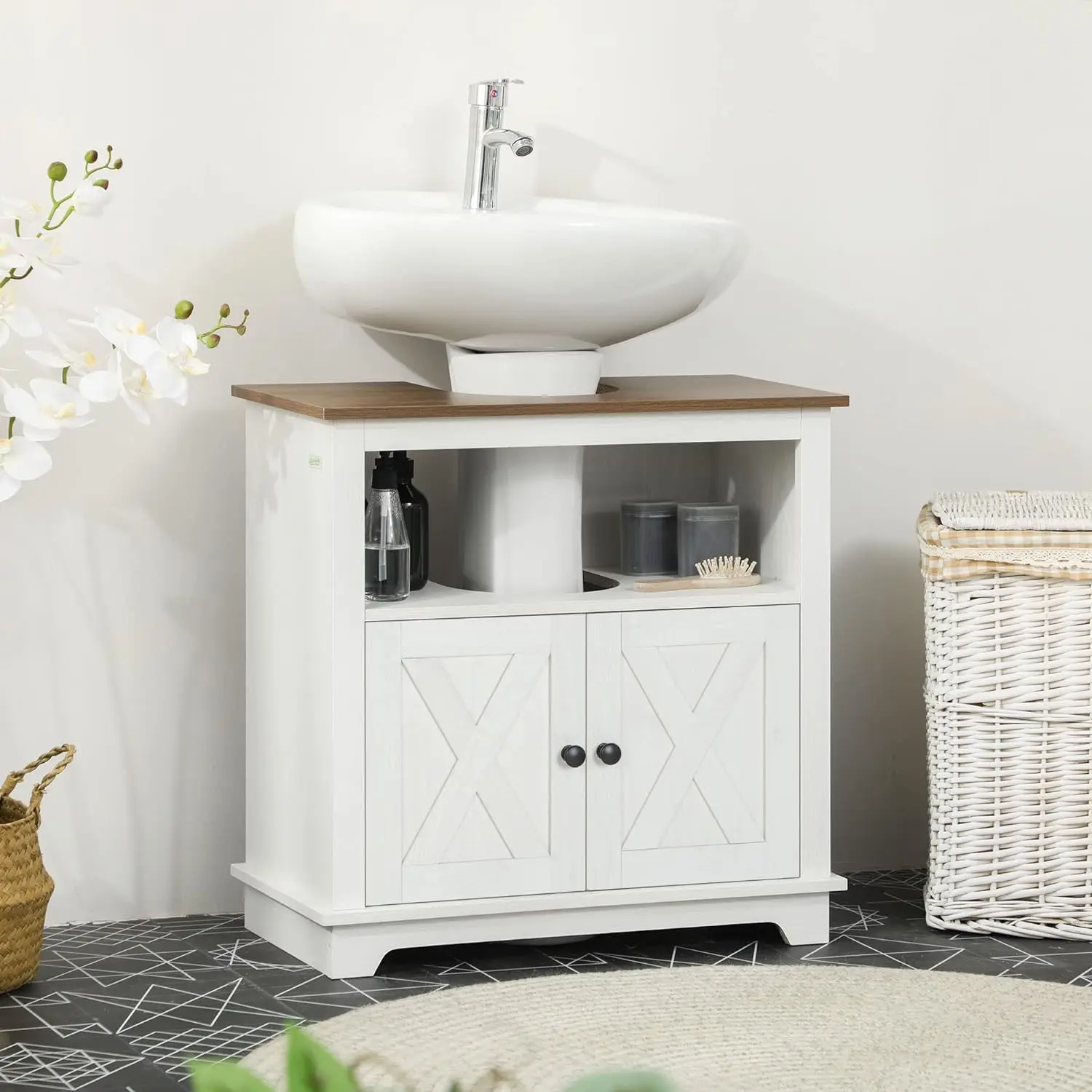 

Farmhouse Under Sink Bathroom Cabinet, Pedestal Vanity Storage Cabinet with Double Doors and Storage Shelves, Bathroom