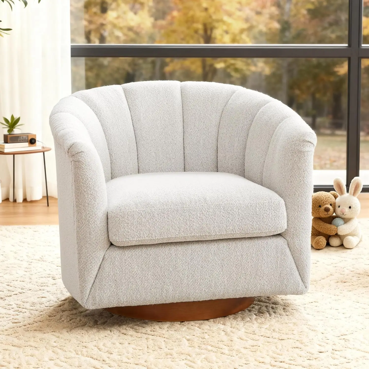 #Swivel Accent Chair Barrel Armchair Solid Ash Wood Base Upholstered Fabric Living Room Bedroom Ivory, Customized