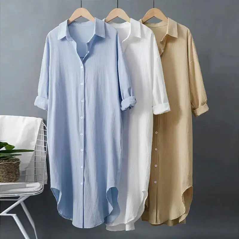 Ruoxi Long White Shirt Dress for Women Linen Cotton 2023 Spring Summer Casual Korean Clothing Vintage Oversized Midi Robe