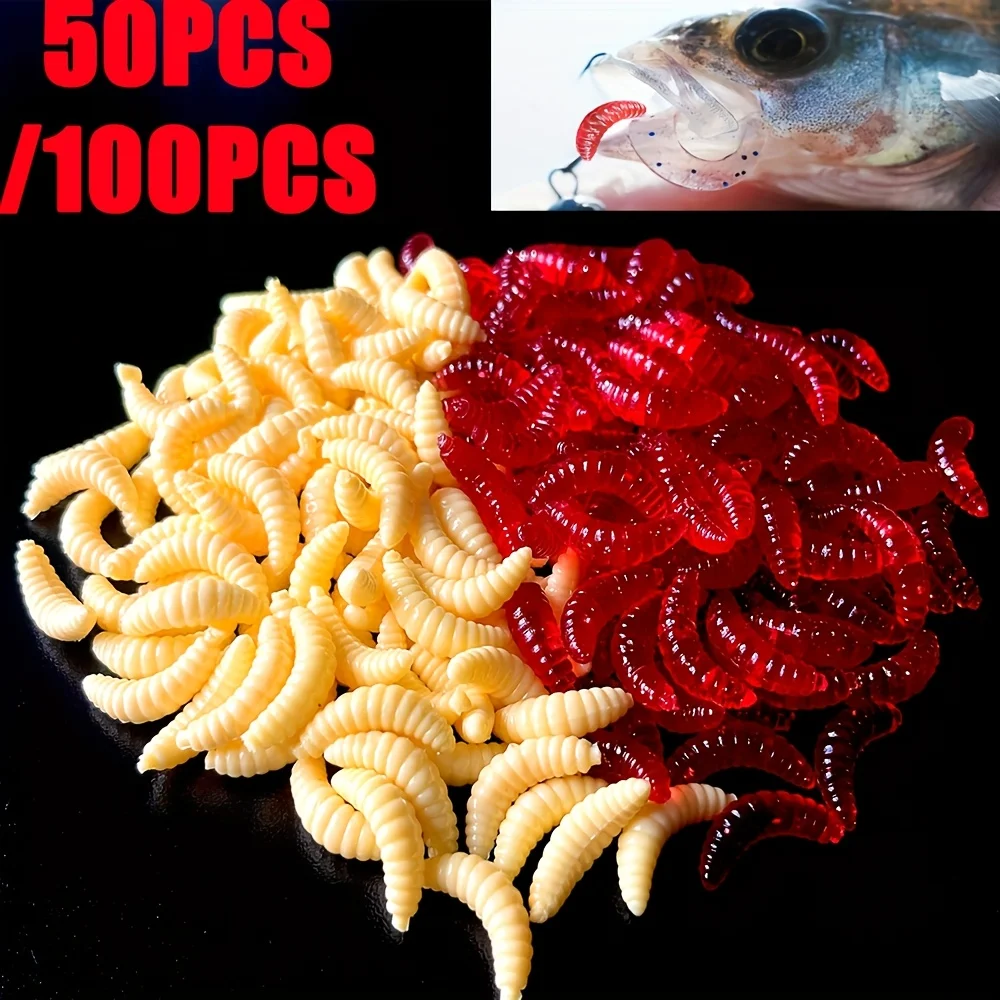 50 Pieces of 100-Piece Soft Silicone Simulation Fake Worms, Maggots, Soft Artificial Mealworms, Fishing Lures, Bionic Earthworm Lures, Available in Red and Yellow