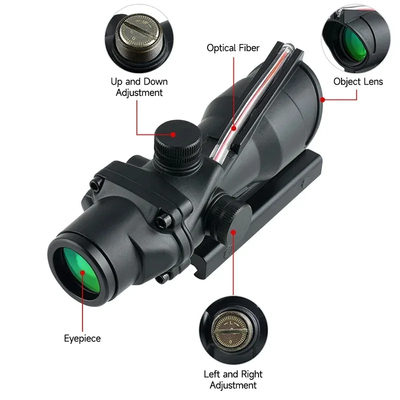 Imagem -02 - Fibra Óptica Escopo Iluminado Riflescope para a Caça Tactical Airsoft Rifle Scopes Red e Green Dot Sight Rail Mount 4x32 Acog 20 mm