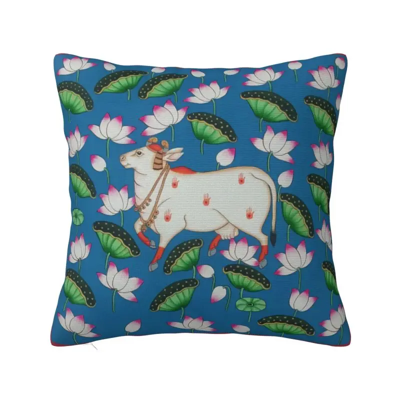 Custom Cow And A Lotus Pond, Authentic Pichwai Painting Nordic Throw Pillow Covers Traditional Indian Cushions Cover for Sofa