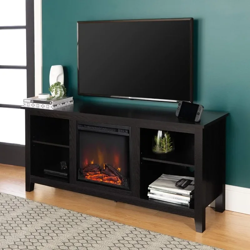 حامل تلفزيون Walker Edison Wren Classic 4 Cubby Fireplace لأجهزة التلفاز حتى 65 بوصة، 58 بوصة، أسود