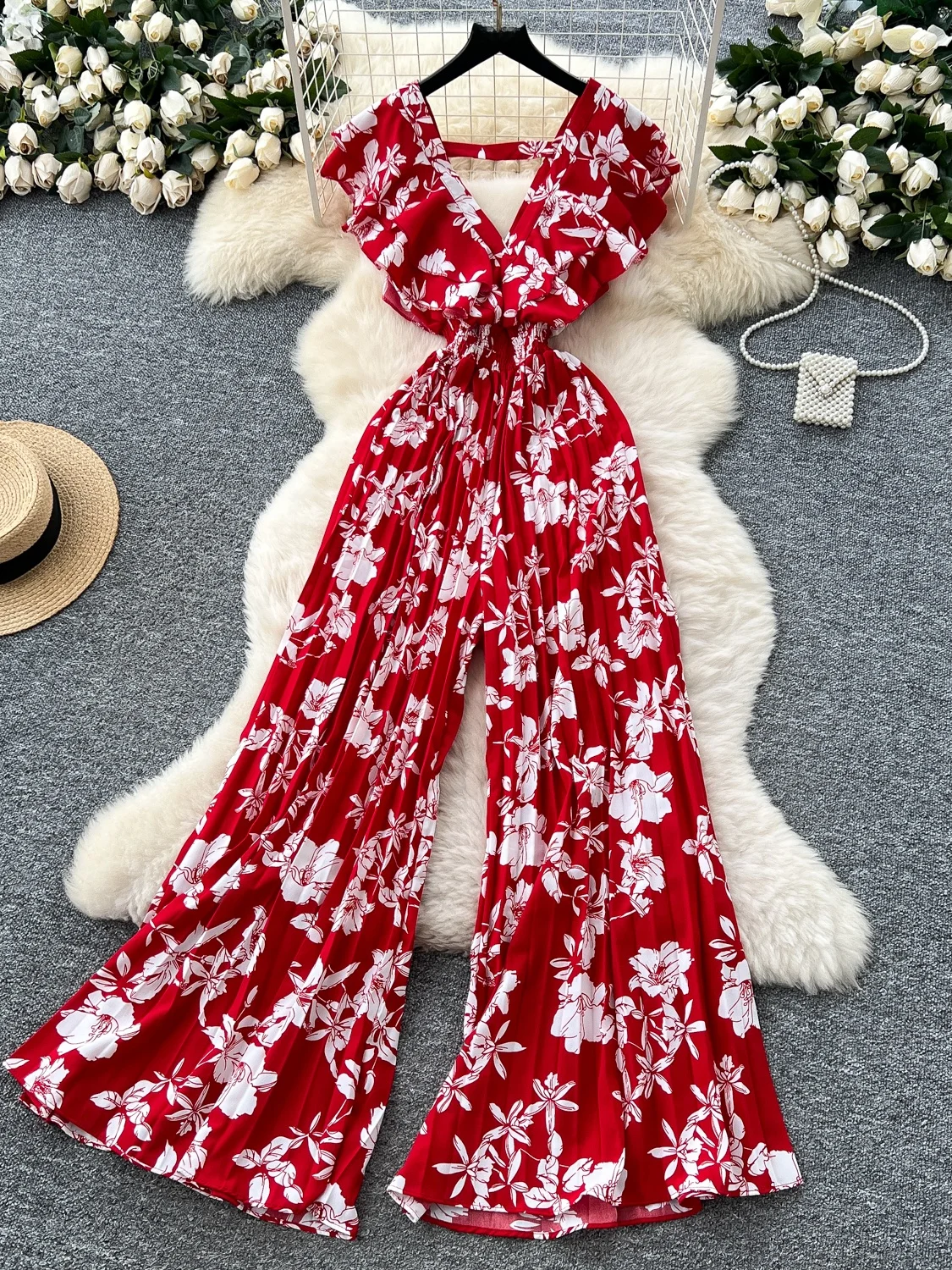 

Ele Floral Print One-Piece Pants Women's Summer Deep V-Ne Bell Sve High Waist Long Pants Straight Cut Commute Sle