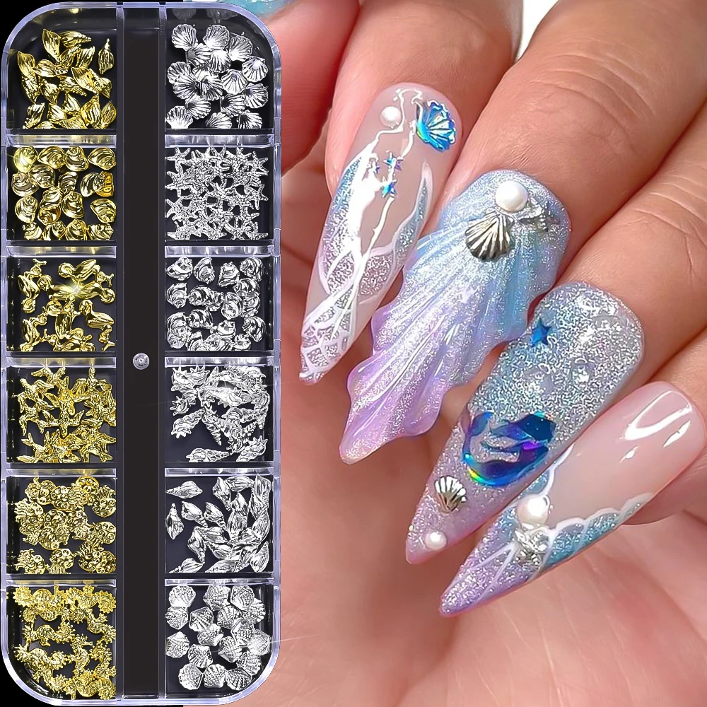 Décoration d'ongles en métal série océan, 12 grilles, coquille 3D or/argent, étoile de mer, poulpe, breloques pour ongles, accessoires de plage d'été à faire soi-même
