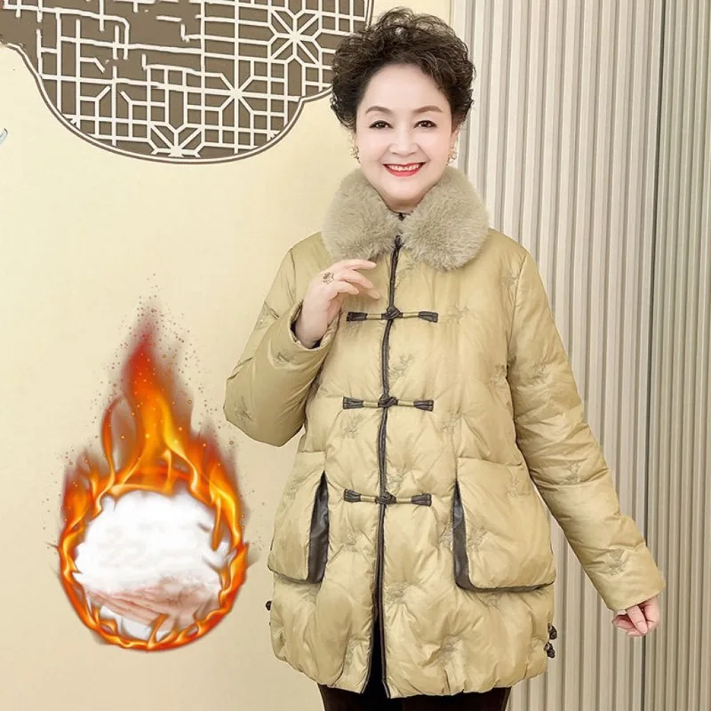 

Зимняя пуховая куртка для мам на хлопковой подкладке, новый стиль средней длины, верхняя одежда для пожилых людей, женский костюм Тан, утепленный зимний костюм