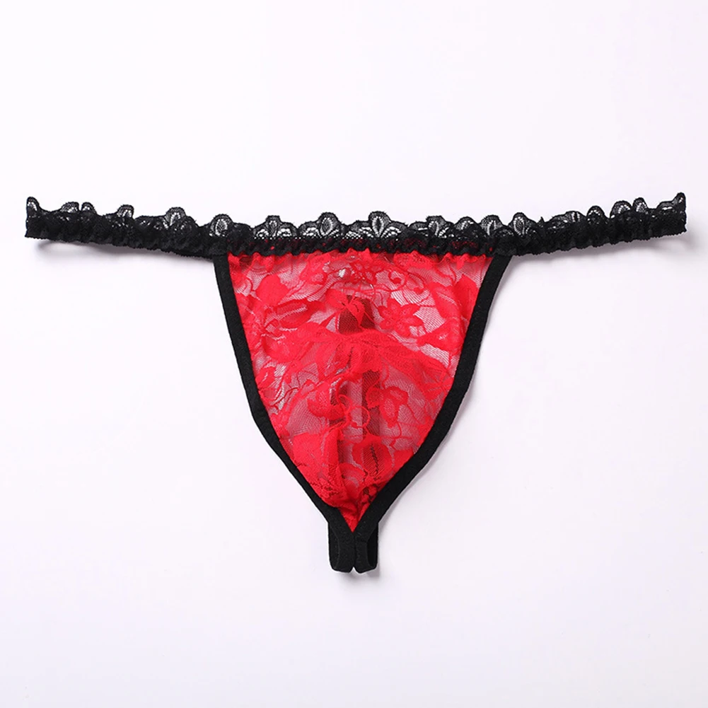 1pc Mens Sexy Lace Thong Sissy Sheer T Back G-Strings Basic Underwear Comfortable Loose See Through Exotic Pantie Gay Hot Thongs