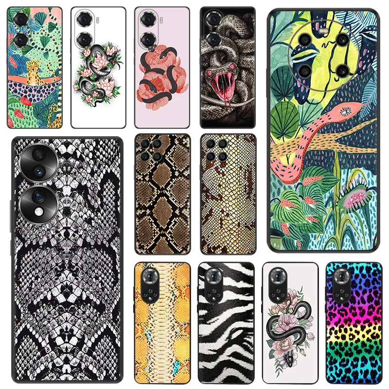 Black Matte Phone Case for Honor X8b X8 X7 X6a X9b 90 70 Magic5 Flower Python Snake Scales Leopard Huawei P40 P30 P20 Soft Cover