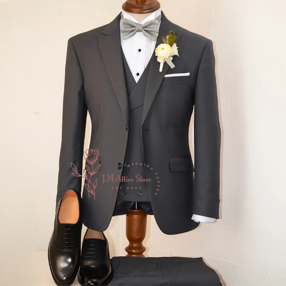 Dark Gray Men's 3pcs Wedding Suit Peak Lapel Double-Breasted Jacket Slim Fit Vest Pants Set for Groom Date Prom Party