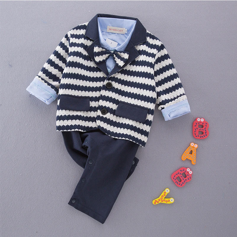 

Boy's gentleman's dress suit long-sleeved Hayi + striped coat children baby onesie/climbing suit