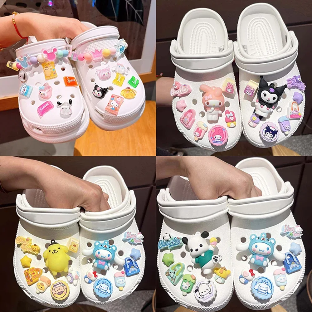 7-8pcs/set Sanrio Three-D Shoe Charms for Clogs Sandals Decoration Hello Kitty Kuromi Melody PVC Cartoon Shoe Accessories