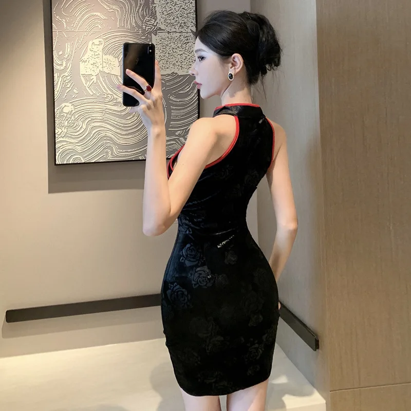 2024 Eropa dan Amerika rok Jumpsuit Cheongsam ketat belah beludru tanpa lengan Retro