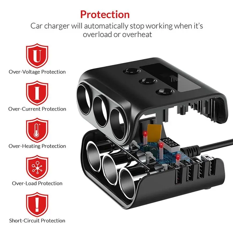 A48U TR12 Car Lighter Triple-Evaporator with Switch Voltage Display 4 USB Car Lighter 120W Charger,Black
