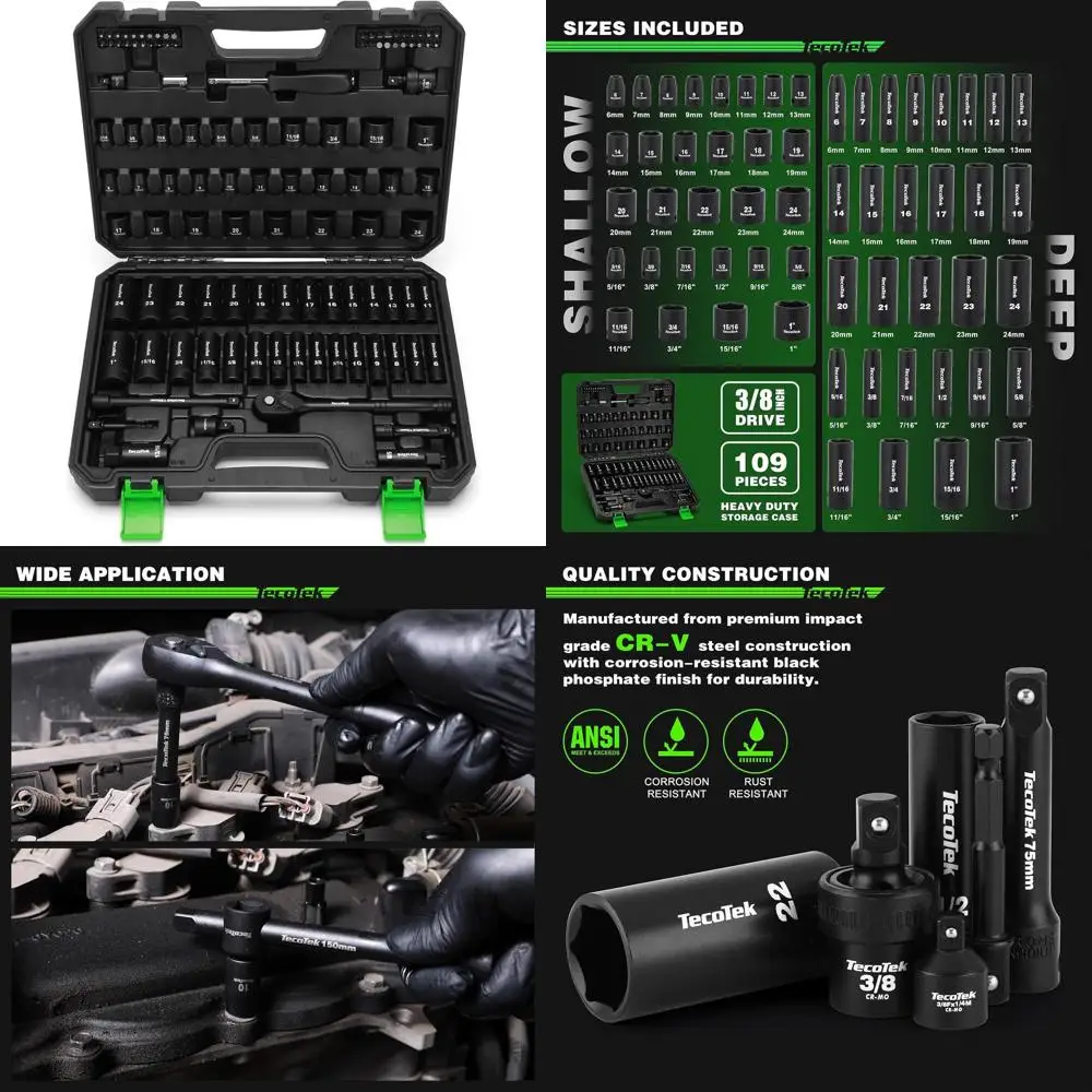 

3/8" Drive Impact Socket Set, 109-Piece SAE (5/16"-1") and Metric (6mm-24mm), Deep & Shallow, 6 Point, Adapters, Ratchet Handle,