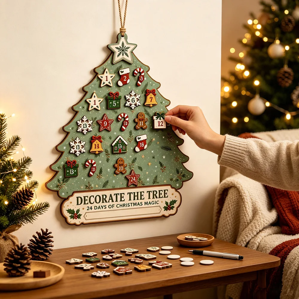 Christmas Tree shaped Arrival Calendar Wooden Pendant 24 Day Christmas Magic Countdown Pendant Ornament