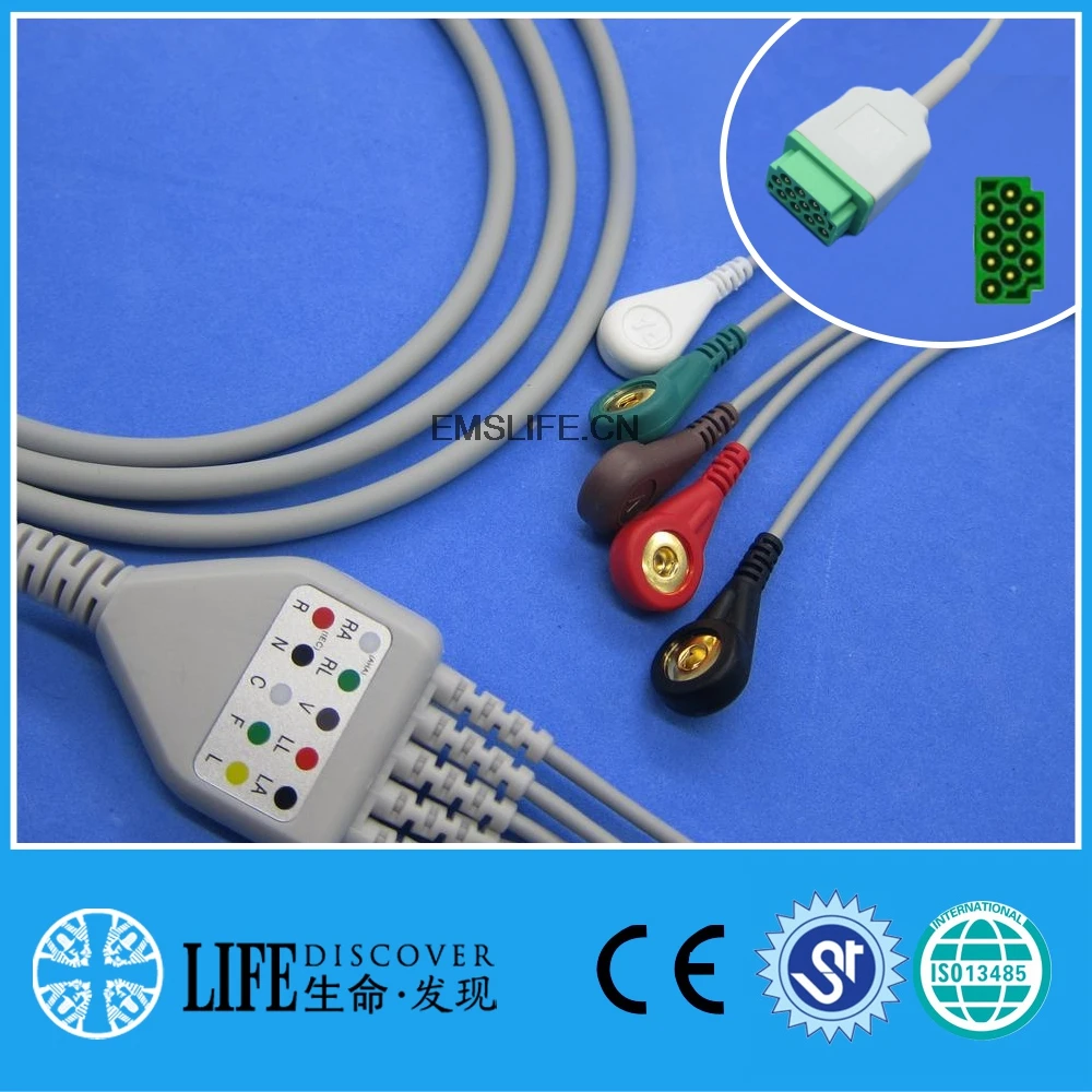 one piece ECG cable with 5 snap lead wires for GE dash,pro,solar patient monitor