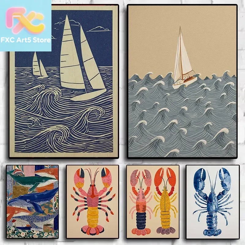 1pc frameless Japanese Style Maritime Blue Lobster Sailboat Nautical Ocean Animals Poster Wall Art Pictures Canvas Painting Home
