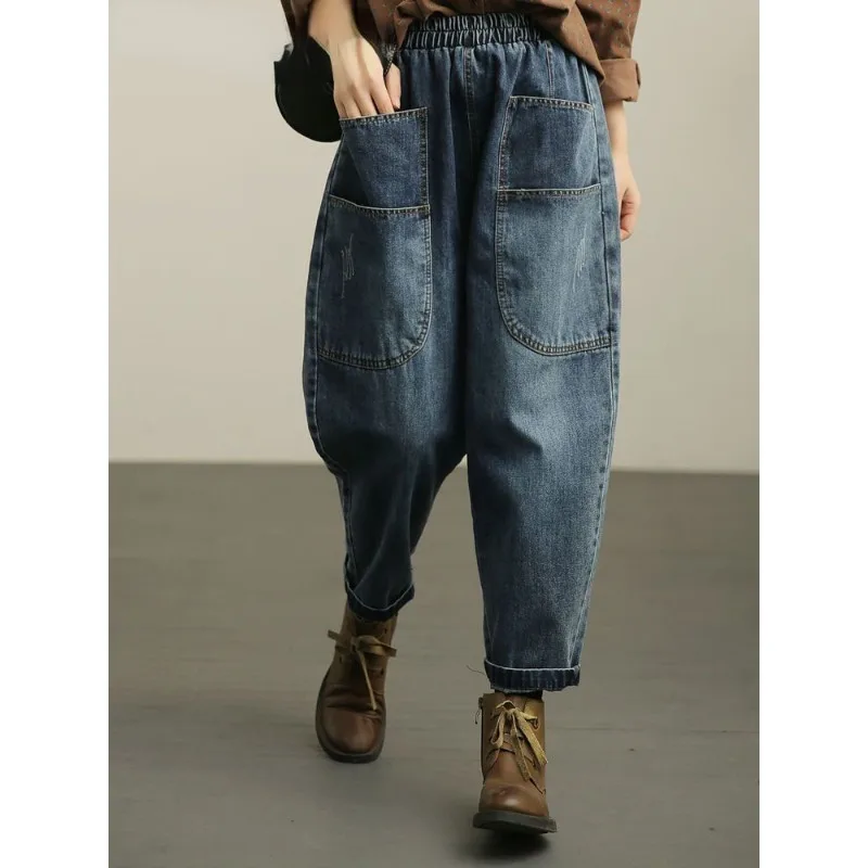 

Baggy Hight Waist Harem Jeans Woman Korean Streetwear Ankle Length Denim Pants Fall Vintage Casual Pocket Kot Pantolon J206