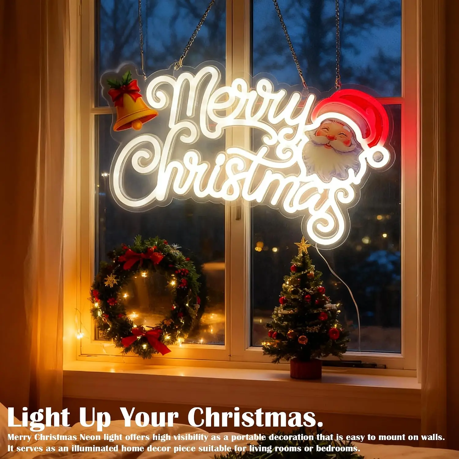 Merry Christmas Neon Sign Santa Claus Bell LED Neon Light Xmas Party Game Room Bedroom Home Decor Christmas Gift USB Powered
