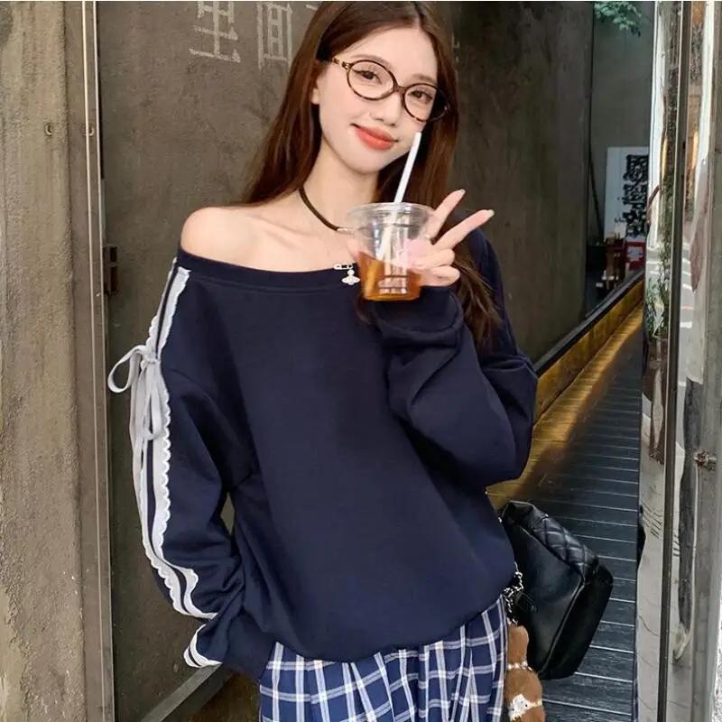 Spring Autumn New Women's T-Shirts Korean Edition Fashion Versatile Lace Bow Casual Wide Soft Truffle Shoulder Long Sleeve Shirt