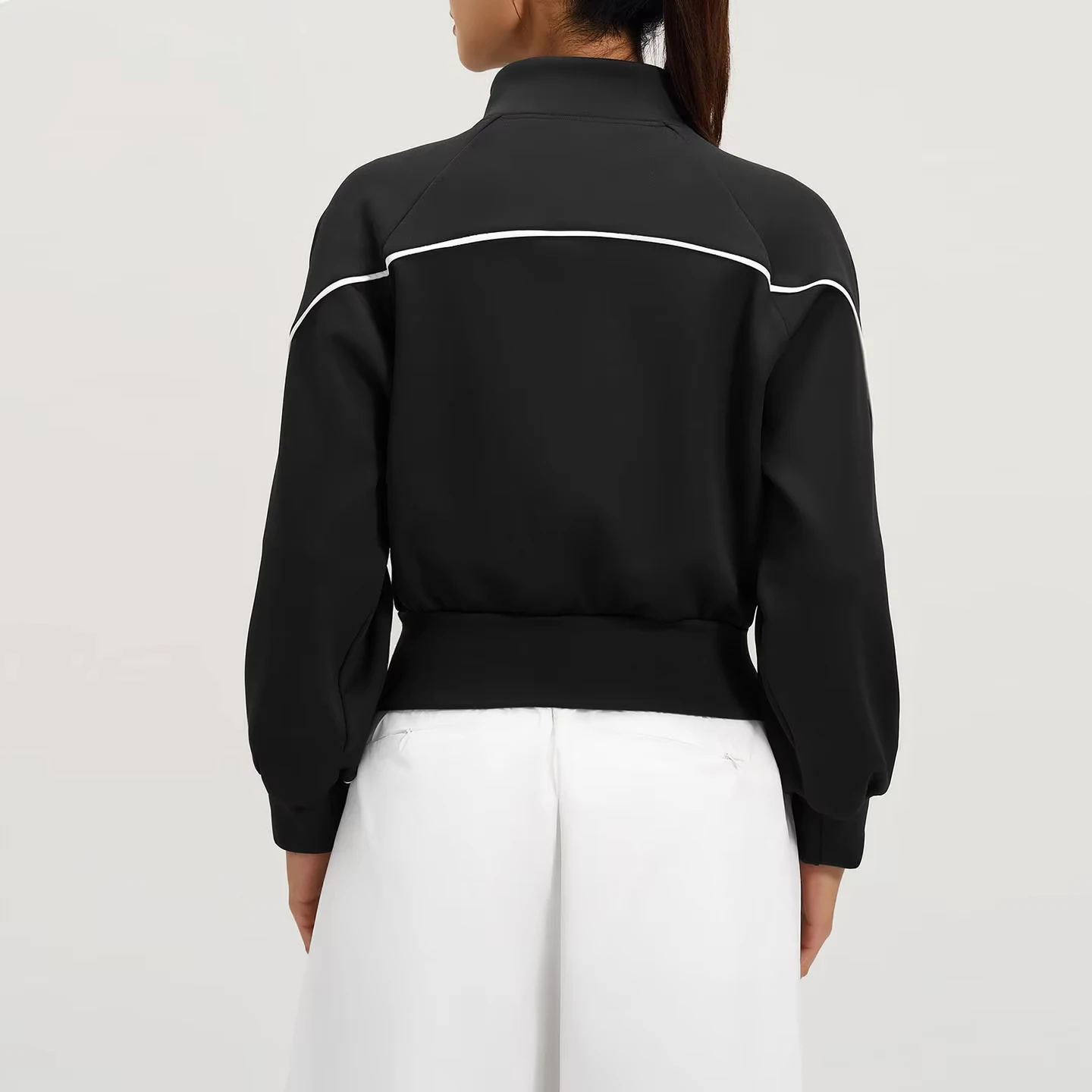 DFYNE Women's Y2K Black Cropped Track Jacket Stand Collar Full Zip Long Sleeve Sports Casual Streetwear Active Top