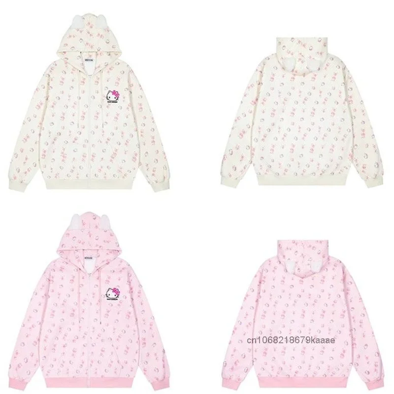 Sanrio Hello Kitty Cute Cat Hoodie Women\'s Autumn Winter New Loose Lazy Cardigan Japanese Style Y2k Sweet Soft Girl Trendy Coat