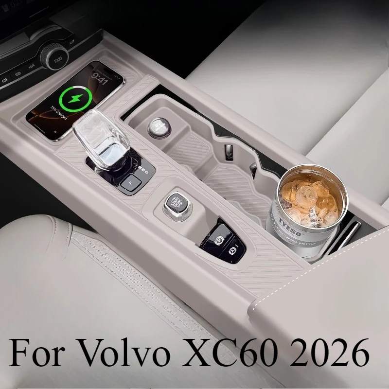 For Volvo XC60 2026 Center Console Silicone Protection Kit, Gear Shift Panel Cover & Cup Holder Insert & Wireless Charger Mat