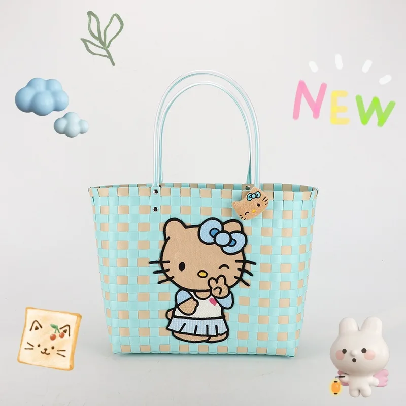 Miniso 2024 New Hello Kitty Woven Bag Fashion High Quality Girls Beach Bag Large Capacity Multi Functional Women\'s Handbag