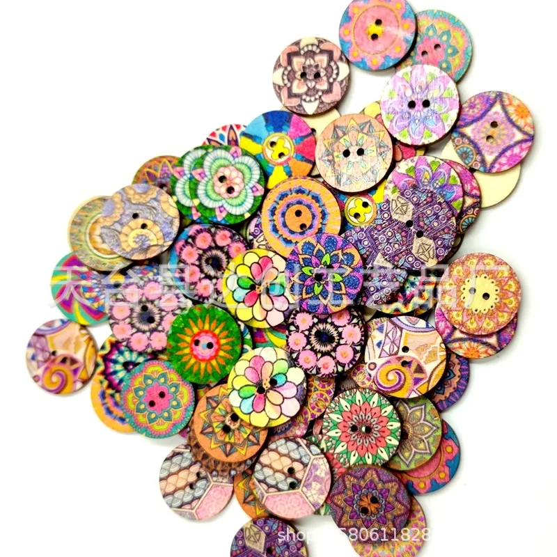 Nieuwe 15 mm / 20 mm / 25 mm retro bedrukte houten schijfknoppen, 100 houten knopaccessoires met antiek patroon
