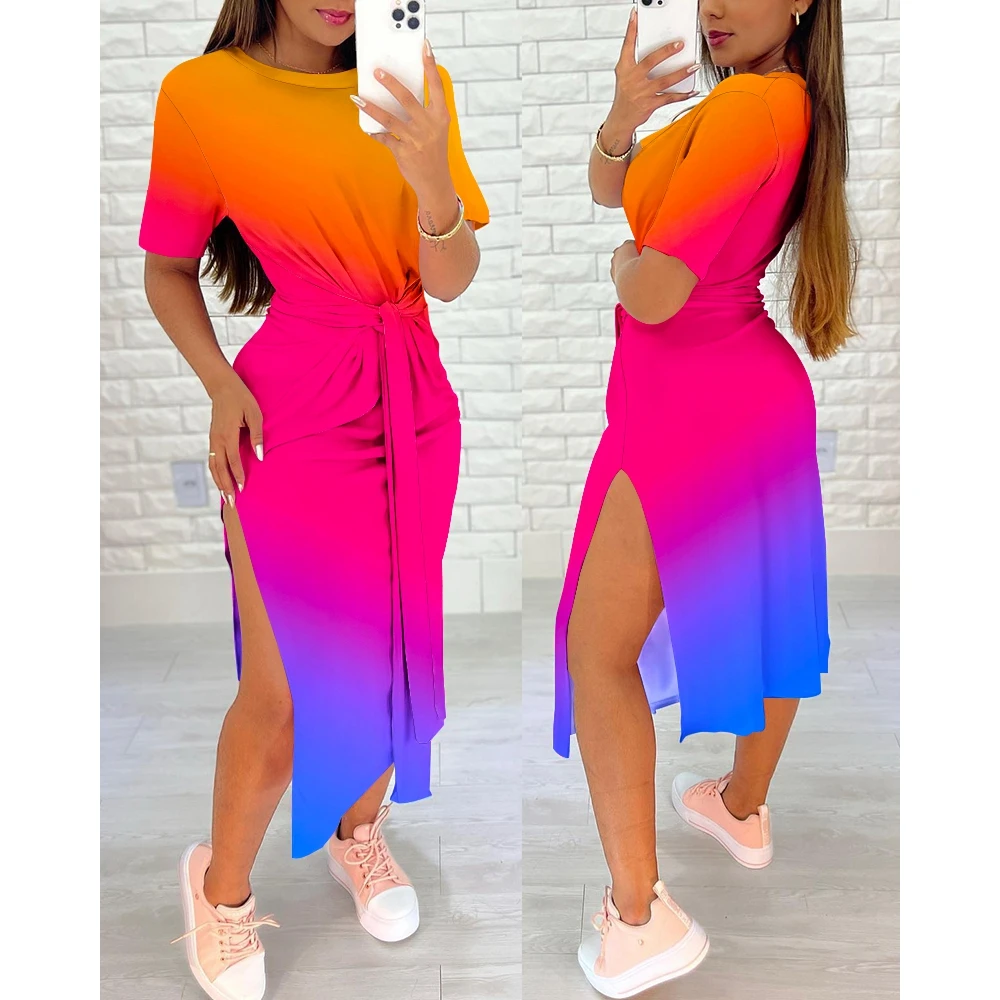 

2024 Women Rainbow Ombre Tied Detail Slit Casual Midi Dress O-Neck Summer Short Sleeve Female New in Dresses Daily Outfits