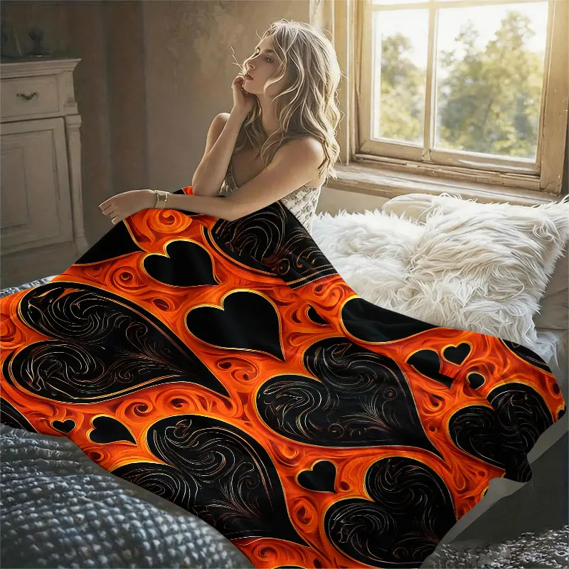 Ornate Hearts Orange Black Flannel Blanket Perfect for Sofa Office Bed Travel Sleep Read Relax Camping Four Season Use