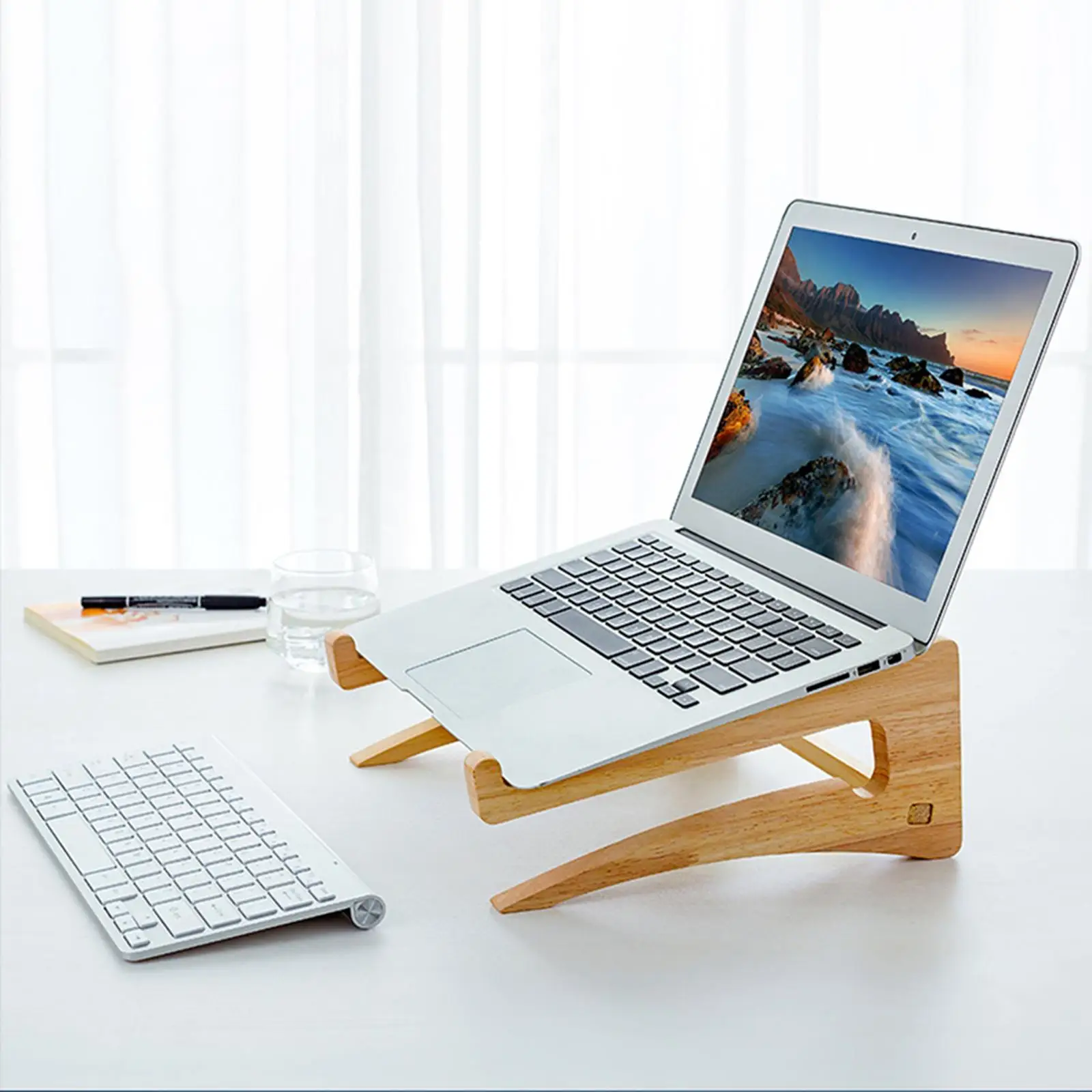 Natural Wood Laptop Stand Desktop Computer Holder Ventilated Cooling Riser Foldable Storage Rack for Home Study Office