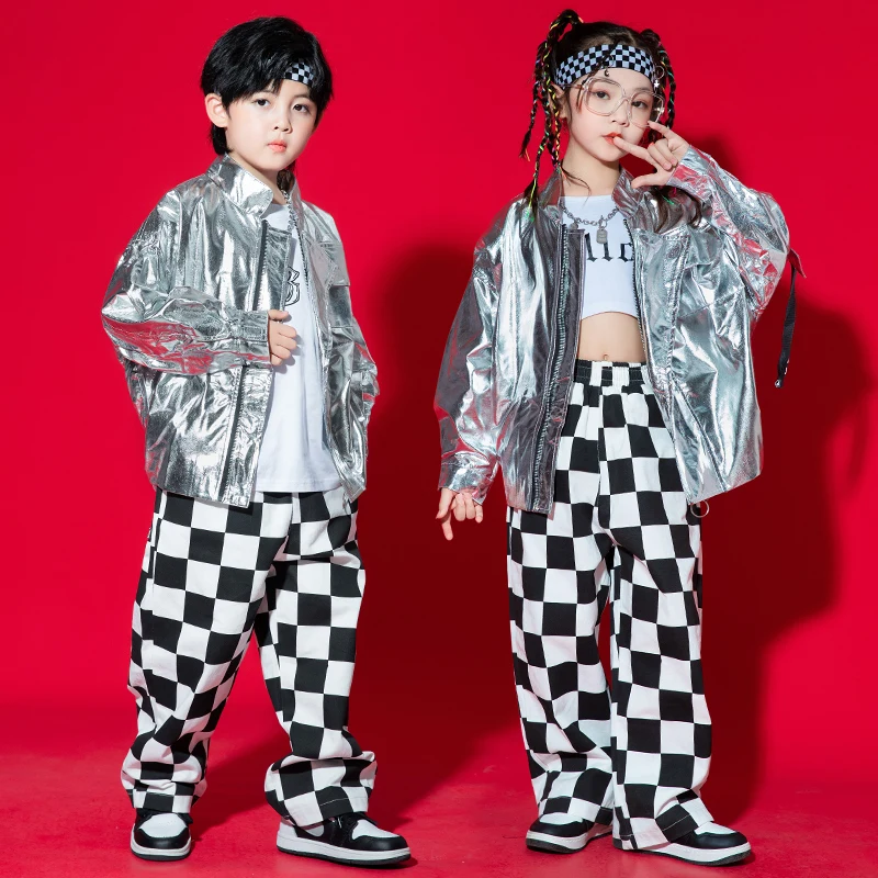 Kids Hip Hop Clothing Sequined Silver Jacket Tops Casual Pants Streetwear For Girl Boy Jazz Dance Costumes Clothes Kpop Outfits