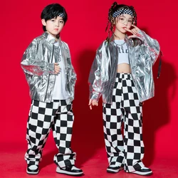 Kids Hip Hop Clothing Sequined Silver Jacket Tops Casual Pants Streetwear For Girl Boy Jazz Dance Costumes Clothes Kpop Outfits