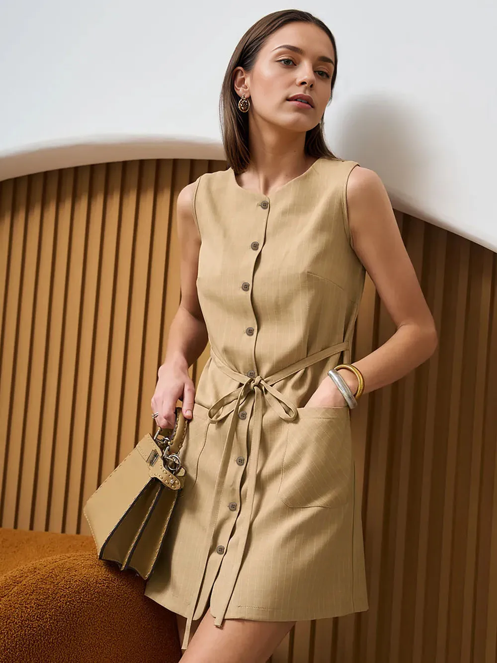 

Hot Selling Sleeveless Women Dress Round Neck Khaki Mini Dress Single Breasted Casual Style Daily Ladies Short Dresses