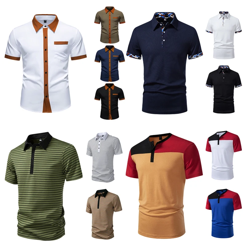 Summer Trend Color Blocked Short Sleeved Shirt for Men, Color Blocked Stripe Henley Short Sleeved Men's T-shirts,EU Large Size