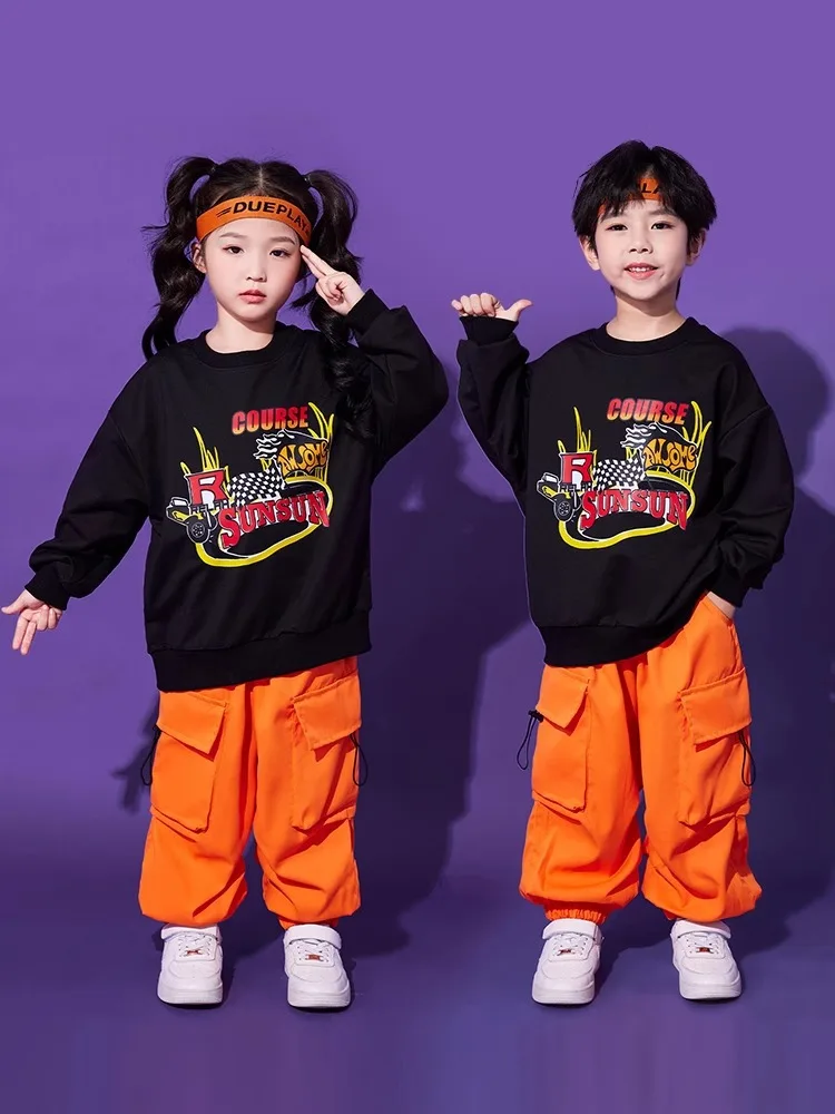 

Kid Hip Hop Clothing Black Print Sweatshirt Top Orange Casual Jogger Cargo Pants for Girl Boy Jazz Dance Costumes Wear Clothes